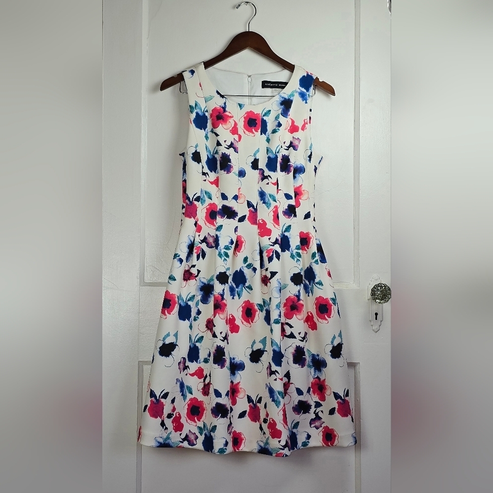 Andrew Marc White Floral Fit and Flare Scuba Sun Dress With Pockets Like New 6